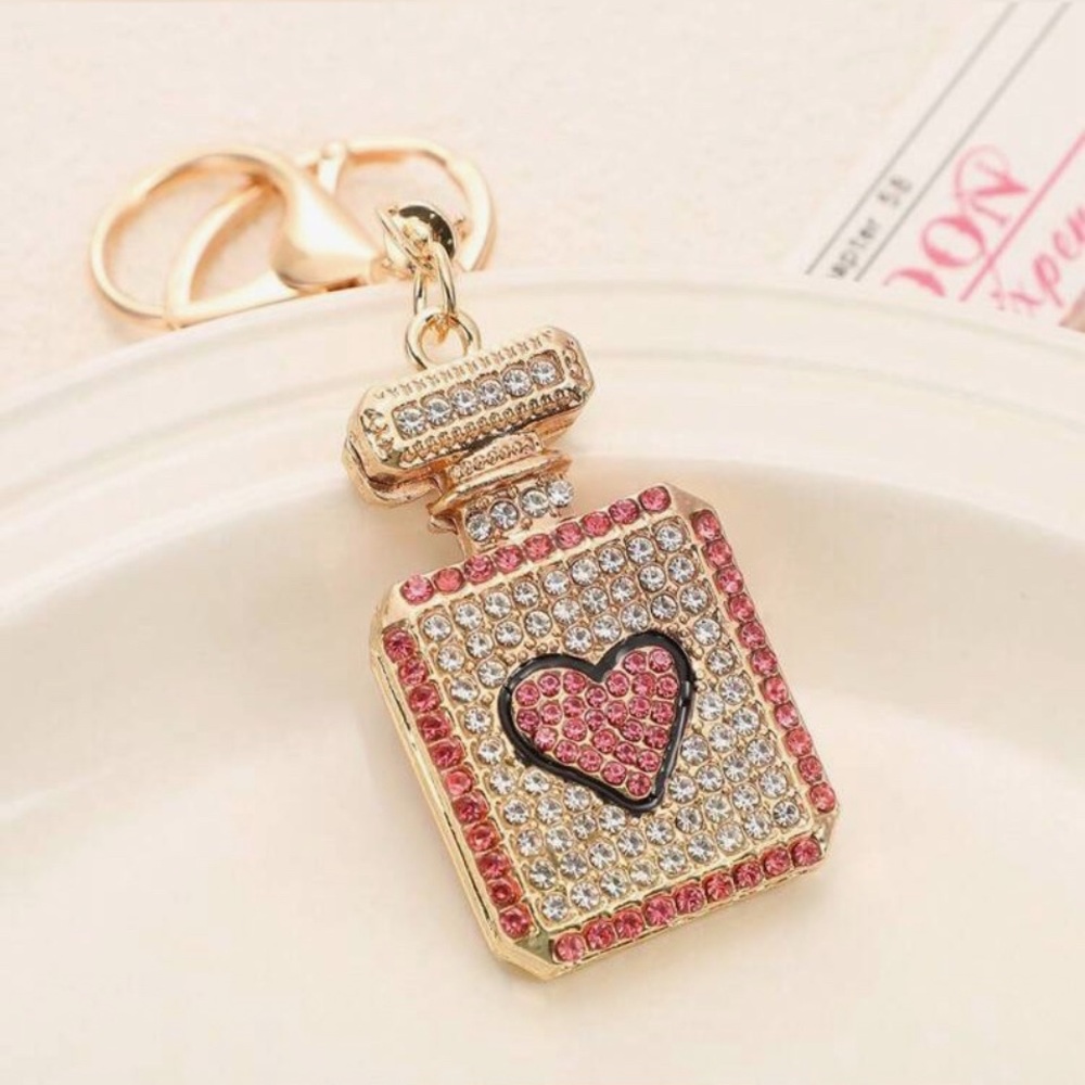 Gold and Pink Heart Perfume Bottle Bag Charm/Keychain